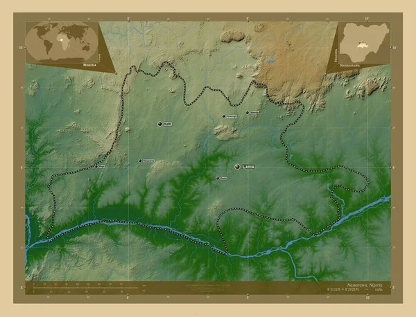 Нассарава Штат Нигерия Цветная Карта Высоты Озерами Реками Места Названия — стоковое фото