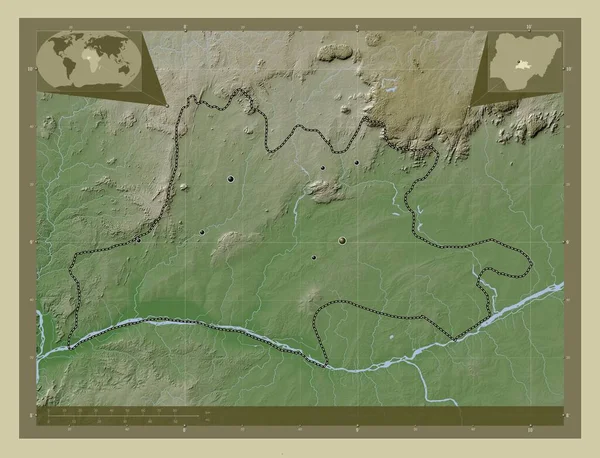 尼日利亚Nassarawa州 用Wiki风格绘制的带有湖泊和河流的高程地图 该区域主要城市的所在地点 角辅助位置图 — 图库照片