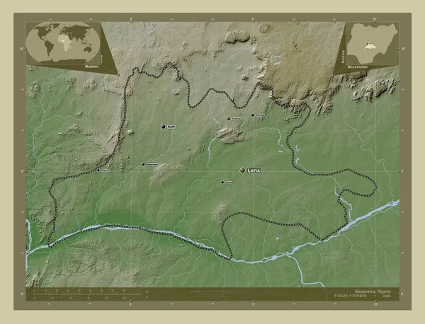 ナサラワ ナイジェリアの州 湖や川とWikiスタイルで着色された標高マップ 地域の主要都市の位置と名前 コーナー補助位置図 — ストック写真