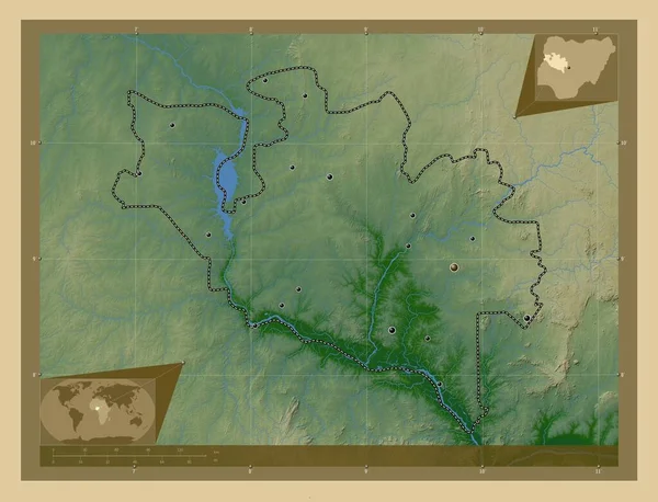 Нигер Штат Нигерия Цветная Карта Высоты Озерами Реками Места Расположения — стоковое фото