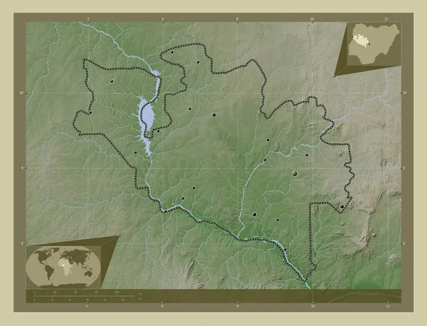 尼日尔 尼日利亚州 用Wiki风格绘制的带有湖泊和河流的高程地图 该区域主要城市的所在地点 角辅助位置图 — 图库照片