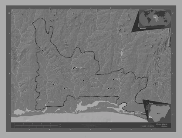 尼日利亚州 带湖泊和河流的比尔维尔高程图 该区域主要城市的地点和名称 角辅助位置图 — 图库照片