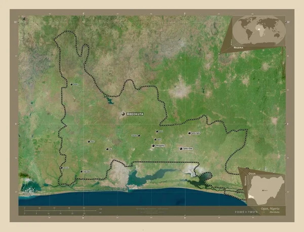 尼日利亚州 高分辨率卫星地图 该区域主要城市的地点和名称 角辅助位置图 — 图库照片
