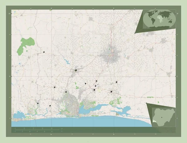Ogun Nigéria Állam Nyílt Utcai Térkép Régió Nagyvárosainak Elhelyezkedése Saroktérképek — Stock Fotó