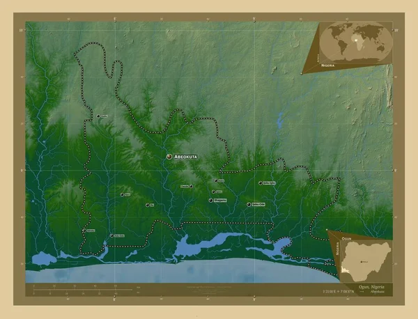 ナイジェリアの状態 湖や川と色の標高マップ 地域の主要都市の位置と名前 コーナー補助位置図 — ストック写真