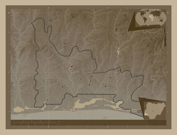 Огун Штат Нігерія Висота Карти Забарвлена Сепії Тонів Озерами Річками — стокове фото