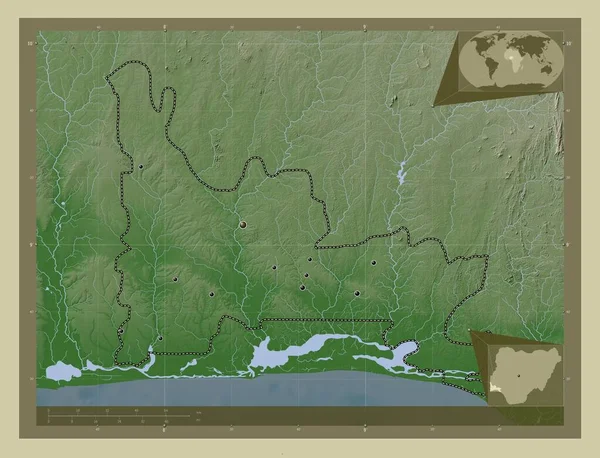 Ogun Staat Nigeria Hoogtekaart Gekleurd Wiki Stijl Met Meren Rivieren — Stockfoto