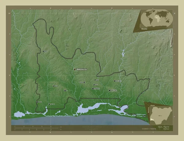Ogun Staat Nigeria Hoogtekaart Gekleurd Wiki Stijl Met Meren Rivieren — Stockfoto
