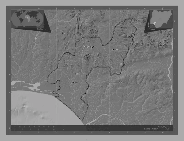 Ondo État Nigeria Carte Altitude Bilevel Avec Lacs Rivières Emplacements — Photo