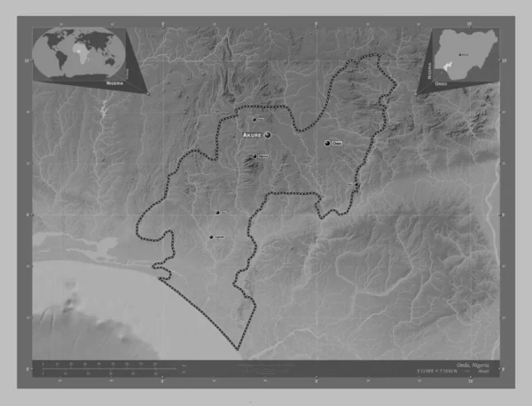 尼日利亚州 带有湖泊和河流的灰度高程图 该区域主要城市的地点和名称 角辅助位置图 — 图库照片