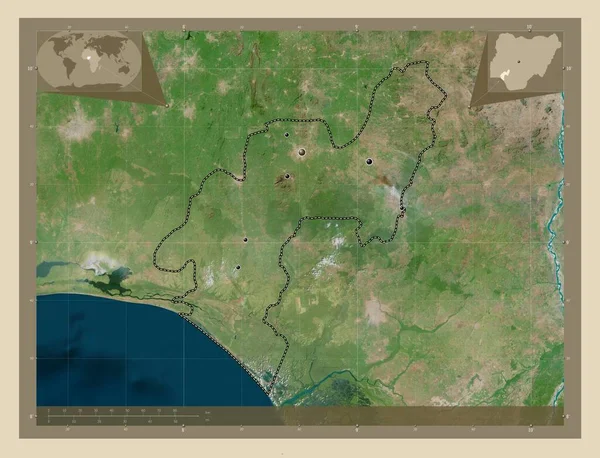 尼日利亚州 高分辨率卫星地图 该区域主要城市的所在地点 角辅助位置图 — 图库照片