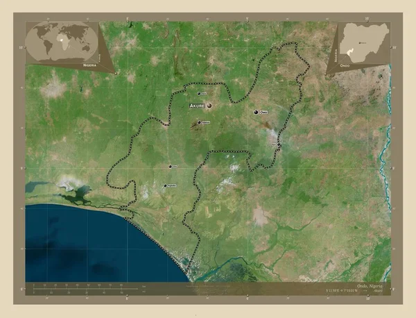 ナイジェリアのオンド州 高解像度衛星地図 地域の主要都市の位置と名前 コーナー補助位置図 — ストック写真