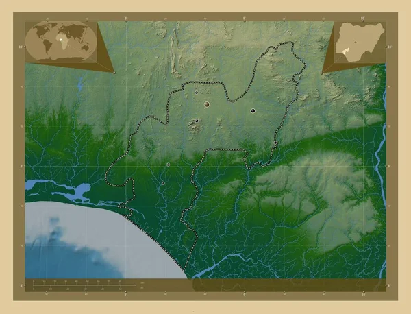 Ondo Stan Nigeria Kolorowa Mapa Wzniesień Jeziorami Rzekami Lokalizacje Dużych — Zdjęcie stockowe