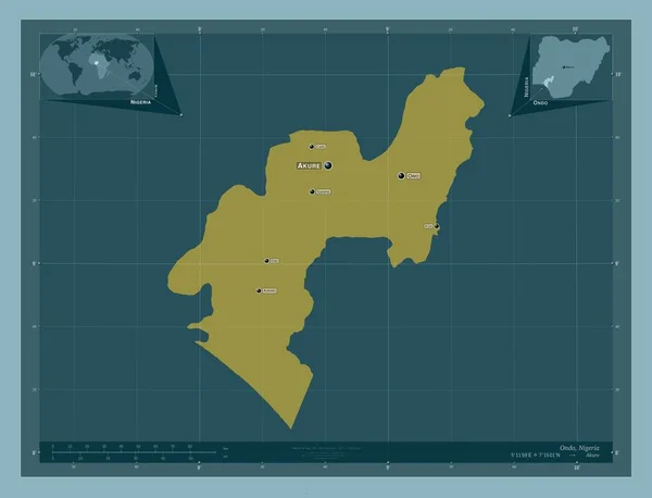 ナイジェリアのオンド州 しっかりした色の形 地域の主要都市の位置と名前 コーナー補助位置図 — ストック写真