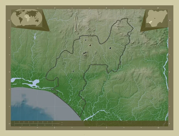 ナイジェリアのオンド州 湖や川とWikiスタイルで着色された標高マップ 地域の主要都市の場所 コーナー補助位置図 — ストック写真