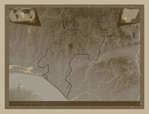 Ондо Штат Нігерія Висота Карти Забарвлена Сепії Тонів Озерами Річками — стокове фото