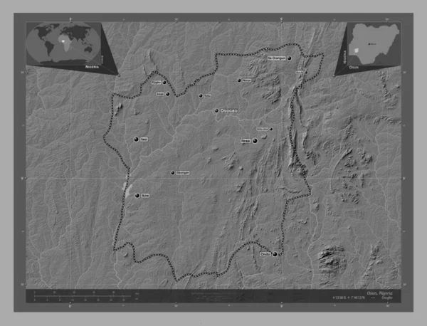 Osun Estado Nigeria Mapa Elevación Bilevel Con Lagos Ríos Ubicaciones —  Fotos de Stock