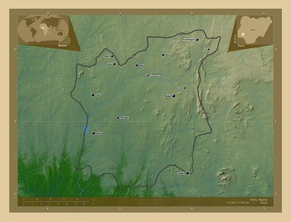 Osun Stan Nigeria Kolorowa Mapa Wzniesień Jeziorami Rzekami Lokalizacje Nazwy — Zdjęcie stockowe