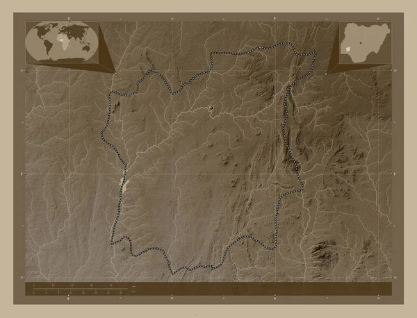 Осун Штат Нигерия Карта Высоты Окрашенная Сепиевые Тона Озерами Реками — стоковое фото