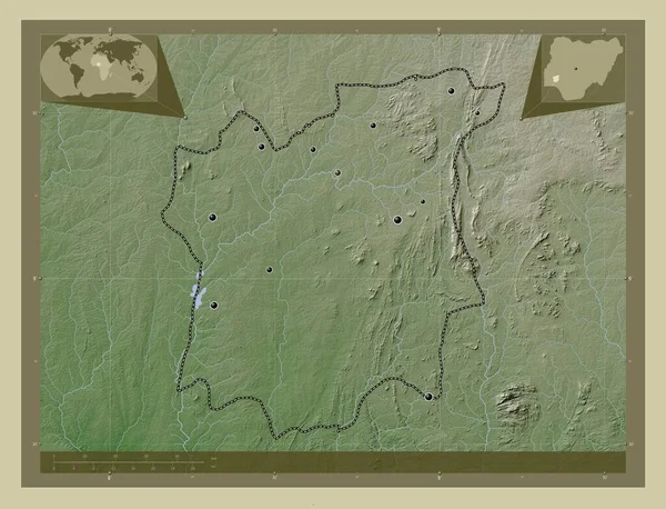 尼日利亚Osun州 用Wiki风格绘制的带有湖泊和河流的高程地图 该区域主要城市的所在地点 角辅助位置图 — 图库照片