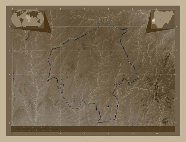 나이지리아 세피아 색으로 지도는 호수와 강으로 울려퍼진다 Corner Auxiliary Location — 스톡 사진