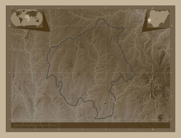 Στην Πολιτεία Της Νιγηρίας Υψόμετρο Χάρτη Χρωματισμένο Τόνους Σέπια Λίμνες — Φωτογραφία Αρχείου