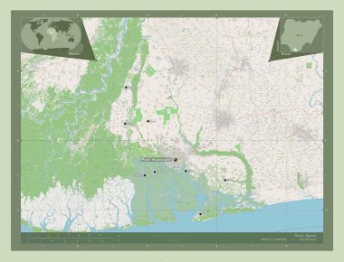 Nehirler, Nijerya eyaleti. Açık Sokak Haritası. Bölgenin büyük şehirlerinin yerleri ve isimleri. Köşedeki yedek konum haritaları