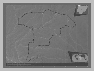 Sokoto, Nijerya eyaleti. Gölleri ve nehirleri olan gri tonlama yükseklik haritası. Köşedeki yedek konum haritaları