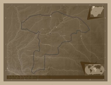 Sokoto, Nijerya eyaleti. Yükseklik haritası sepya tonlarında göller ve nehirlerle renklendirilmiş. Köşedeki yedek konum haritaları