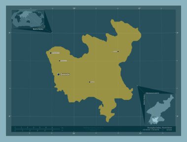 Hwanghae-bukto, Kuzey Kore vilayeti. Katı renk şekli. Bölgenin büyük şehirlerinin yerleri ve isimleri. Köşedeki yedek konum haritaları