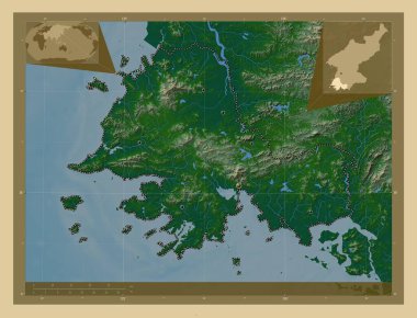 Hwanghae-namdo, Kuzey Kore vilayeti. Gölleri ve nehirleri olan renkli yükseklik haritası. Bölgenin büyük şehirlerinin yerleri. Köşedeki yedek konum haritaları