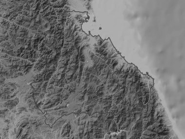 Kangwon-do, Kuzey Kore vilayeti. Gölleri ve nehirleri olan gri tonlama yükseklik haritası