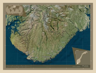 Agder, Norveç Bölgesi. Yüksek çözünürlüklü uydu. Bölgenin büyük şehirlerinin yerleri ve isimleri. Köşedeki yedek konum haritaları