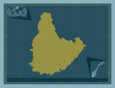 Agder, Norveç Bölgesi. Katı renk şekli. Bölgenin büyük şehirlerinin yerleri. Köşedeki yedek konum haritaları
