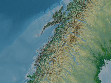 Nordland, Norveç Bölgesi. Gölleri ve nehirleri olan renkli yükseklik haritası