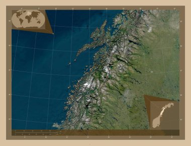 Nordland, Norveç Bölgesi. Düşük çözünürlüklü uydu. Bölgenin büyük şehirlerinin yerleri. Köşedeki yedek konum haritaları