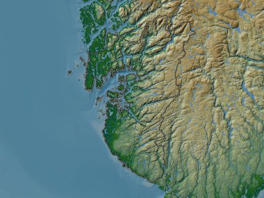 Rogaland, Norveç Bölgesi. Gölleri ve nehirleri olan renkli yükseklik haritası