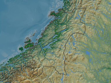 Trndelag, Norveç Bölgesi. Gölleri ve nehirleri olan renkli yükseklik haritası