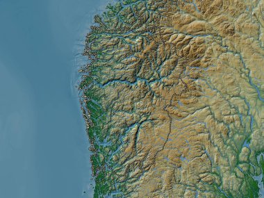 Vestland, Norveç Bölgesi. Gölleri ve nehirleri olan renkli yükseklik haritası