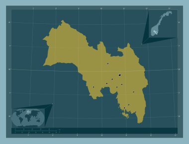 Viken, Norveç Bölgesi. Katı renk şekli. Bölgenin büyük şehirlerinin yerleri. Köşedeki yedek konum haritaları