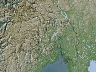 Viken, Norveç Bölgesi. Yükseklik haritası göller ve nehirlerle wiki stilinde renklendirilmiştir