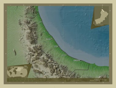 Al Batinah North, Umman bölgesi. Yükseklik haritası göller ve nehirlerle wiki tarzında renklendirilmiş. Bölgenin büyük şehirlerinin yerleri ve isimleri. Köşedeki yedek konum haritaları