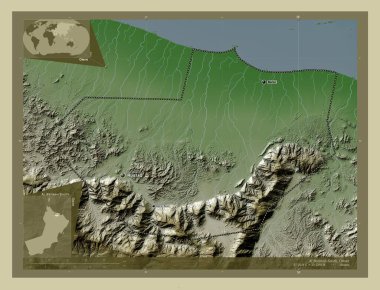 Al Batinah Güney, Umman bölgesi. Yükseklik haritası göller ve nehirlerle wiki tarzında renklendirilmiş. Bölgenin büyük şehirlerinin yerleri ve isimleri. Köşedeki yedek konum haritaları