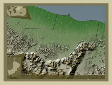 Al Batinah Güney, Umman bölgesi. Yükseklik haritası göller ve nehirlerle wiki tarzında renklendirilmiş. Köşedeki yedek konum haritaları