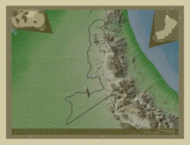 Al Buraymi, Umman bölgesi. Yükseklik haritası göller ve nehirlerle wiki tarzında renklendirilmiş. Bölgenin büyük şehirlerinin yerleri ve isimleri. Köşedeki yedek konum haritaları