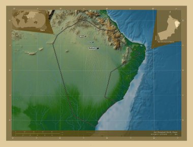 Ash Sharqiyah North, Umman bölgesi. Gölleri ve nehirleri olan renkli yükseklik haritası. Bölgenin büyük şehirlerinin yerleri ve isimleri. Köşedeki yedek konum haritaları