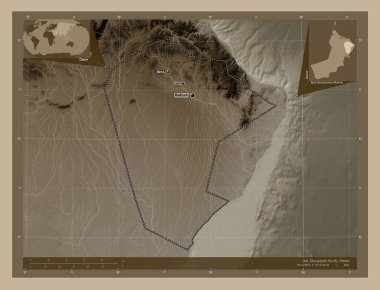 Ash Sharqiyah North, Umman bölgesi. Yükseklik haritası sepya tonlarında göller ve nehirlerle renklendirilmiş. Bölgenin büyük şehirlerinin yerleri ve isimleri. Köşedeki yedek konum haritaları