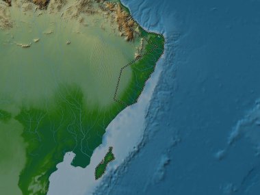 Ash Sharqiyah South, Umman bölgesi. Gölleri ve nehirleri olan renkli yükseklik haritası