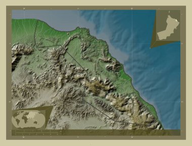 Muscat, Umman vilayeti. Yükseklik haritası göller ve nehirlerle wiki tarzında renklendirilmiş. Köşedeki yedek konum haritaları