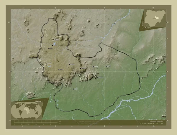尼日利亚州 用Wiki风格绘制的带有湖泊和河流的高程地图 该区域主要城市的地点和名称 角辅助位置图 — 图库照片